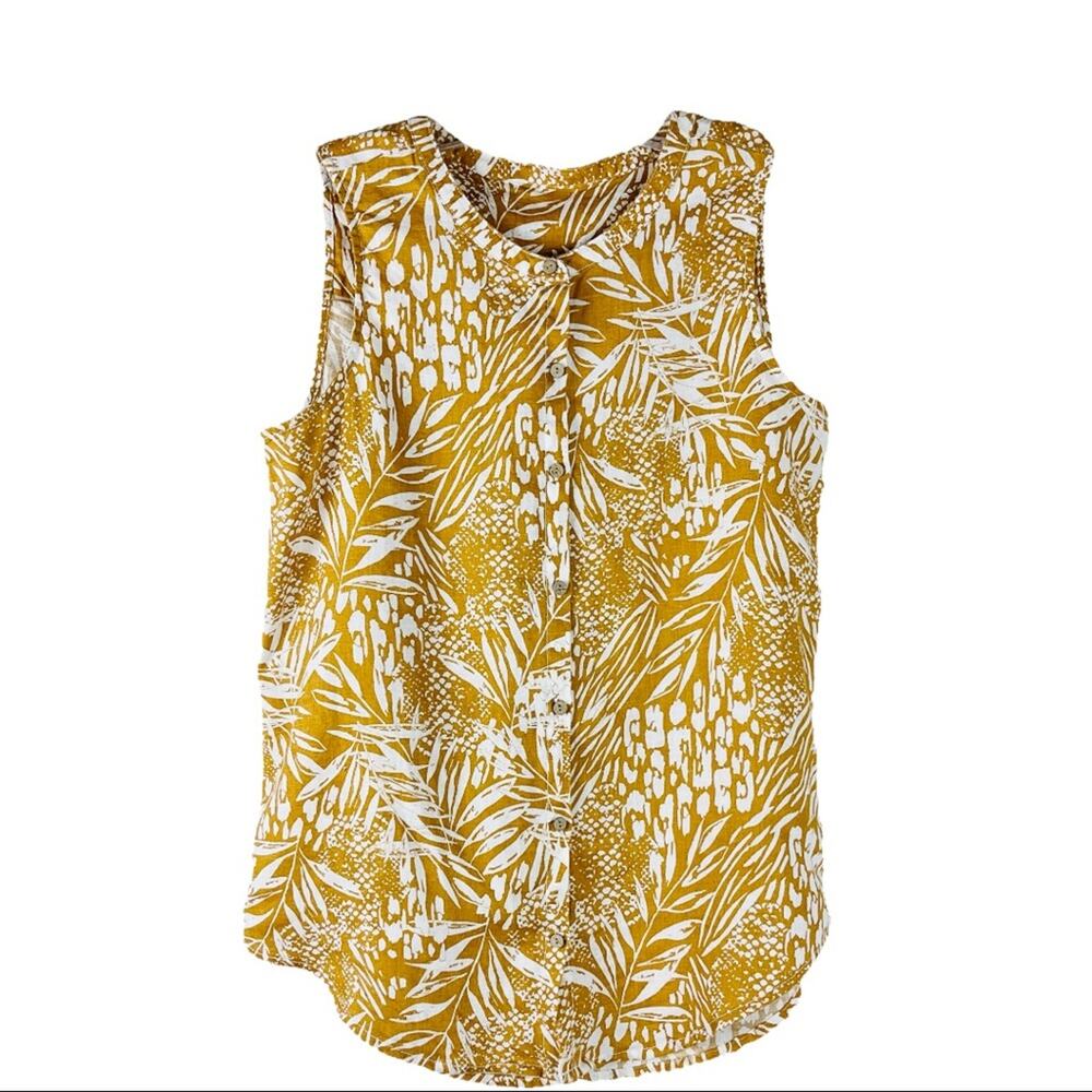 Mustard yellow white linen palm tropical beach cruise button tank top medium